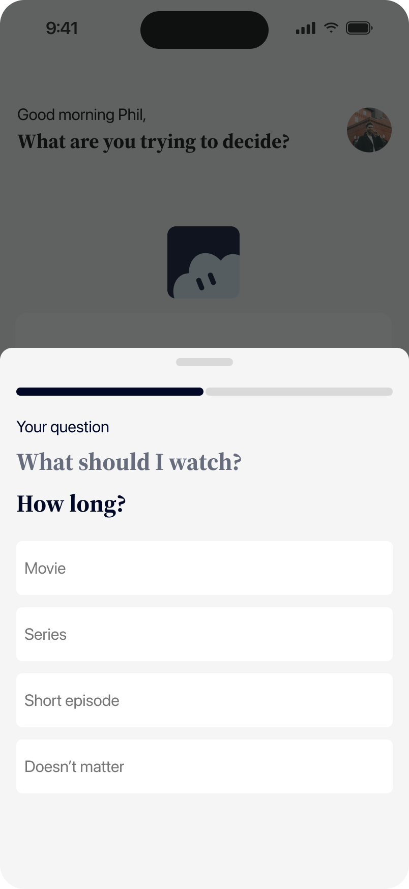 A sheet asking How long? with Movie, Series, Short episode and Doesn’t matter