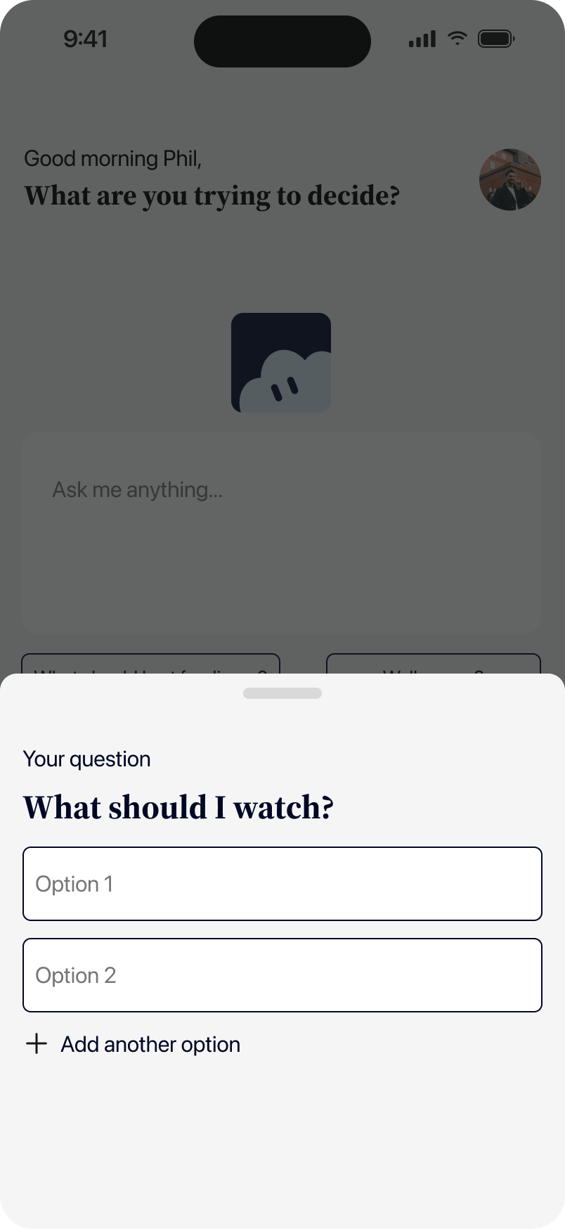 A sheet for adding your own options: Option 1, Option 2, Add another option