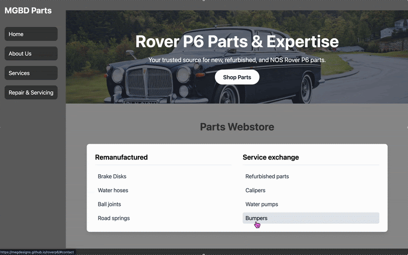 Rover P6 Parts website preview