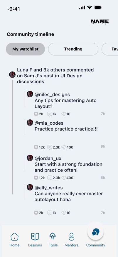 Early DesignED community screen iteration