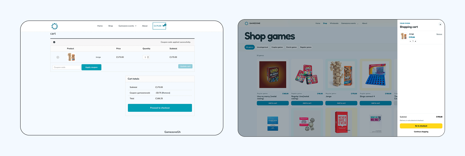 Empty, populated and updating states of the custom Gamezone cart