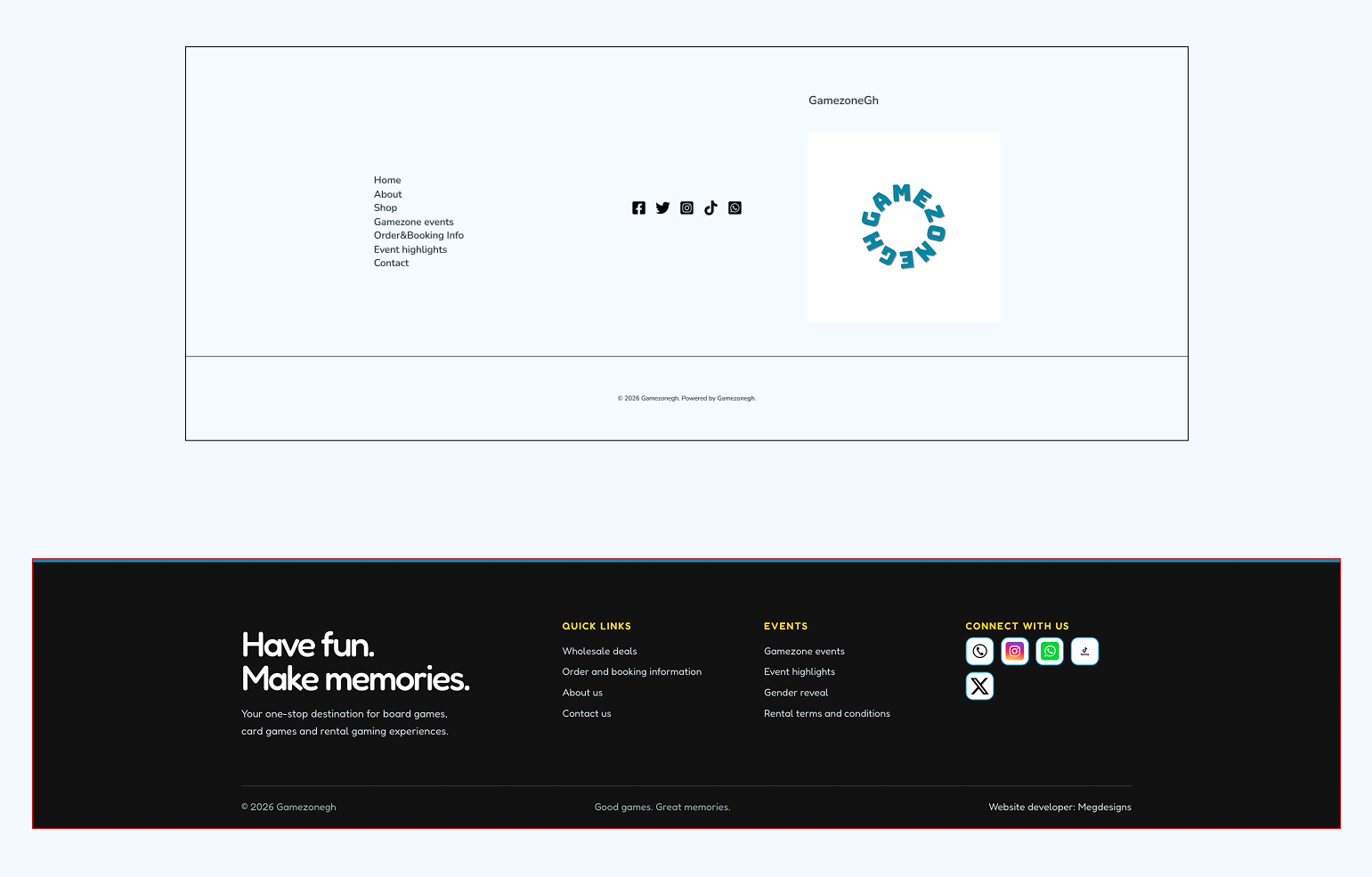 Gamezone footer system shown across website pages