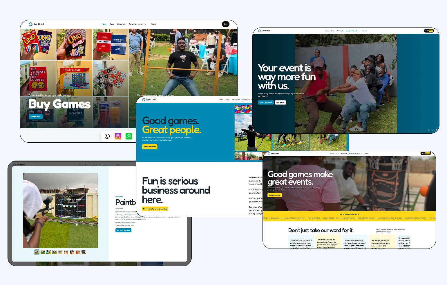 Collection of redesigned Gamezone pages across the new website