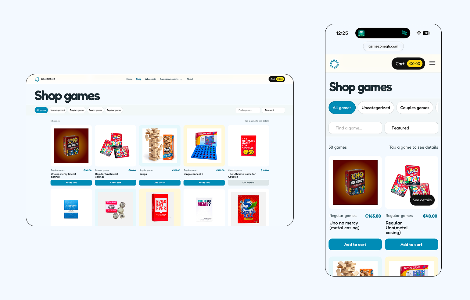 Gamezone storefront catalogue, filtering and product quick-view sequence
