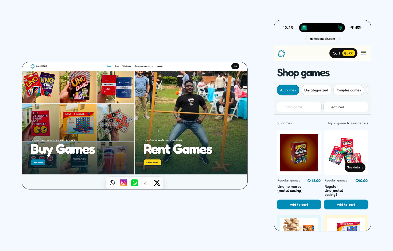 Gamezone homepage on desktop with the mobile shopping and events experience